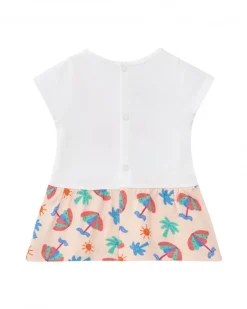 Conjunto blanco para niña con vestido de elefante y braguita tropical