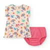 Conjunto crema para niña con vestido de sombrillas y braguita rosa