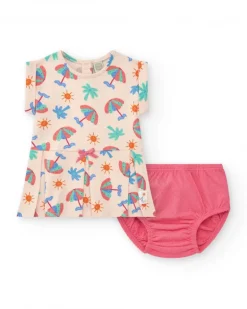 Conjunto crema para niña con vestido de sombrillas y braguita rosa