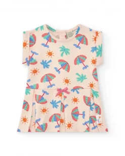 Conjunto crema para niña con vestido de sombrillas y braguita rosa
