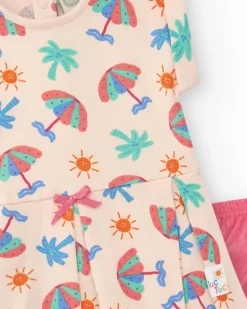 Conjunto crema para niña con vestido de sombrillas y braguita rosa