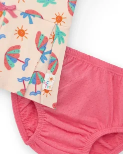 Conjunto crema para niña con vestido de sombrillas y braguita rosa