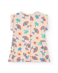 Conjunto crema para niña con vestido de sombrillas y braguita rosa