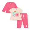 Conjunto crema y rosa para niña con camiseta de elefante, pantalón largo y chaqueta