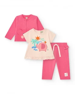Conjunto crema y rosa para niña con camiseta de elefante, pantalón largo y chaqueta