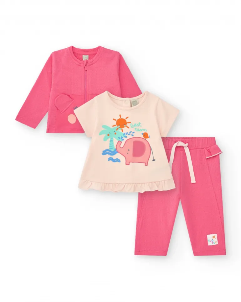 Conjunto crema y rosa para niña con camiseta de elefante, pantalón largo y chaqueta
