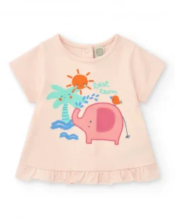 Conjunto crema y rosa para niña con camiseta de elefante, pantalón largo y chaqueta