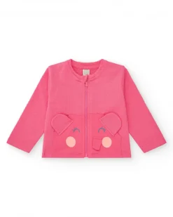 Conjunto crema y rosa para niña con camiseta de elefante, pantalón largo y chaqueta