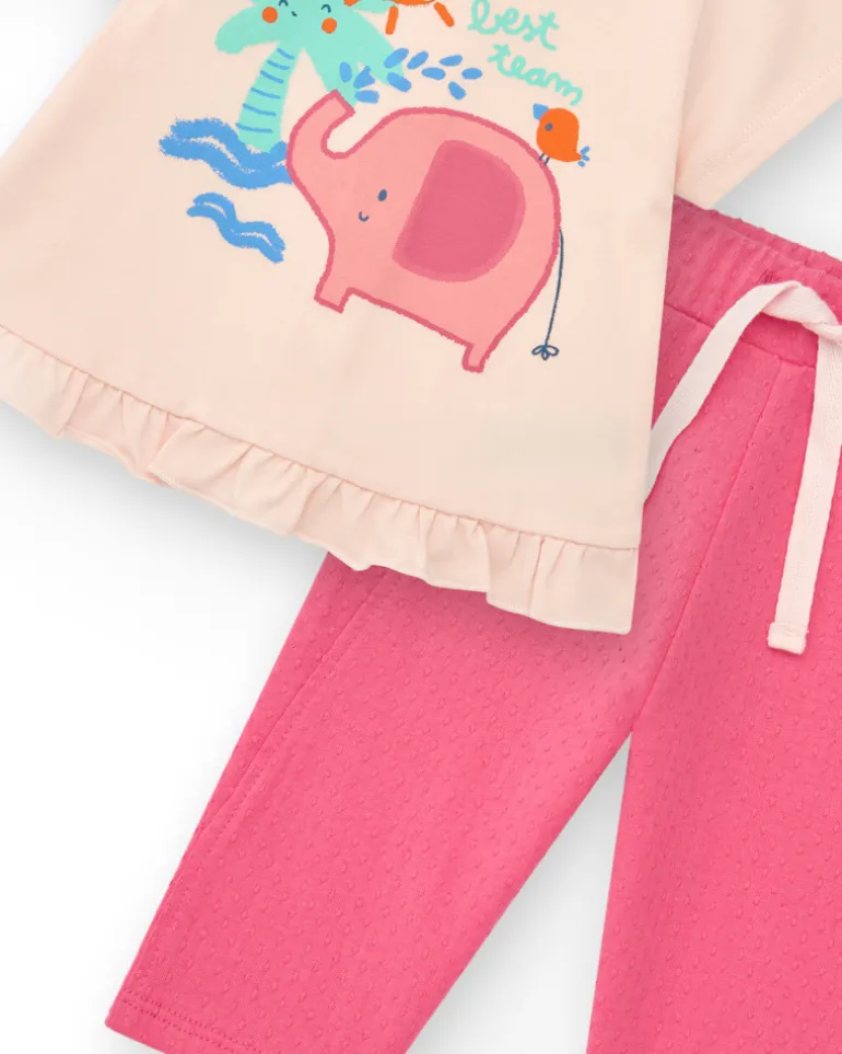 Conjunto crema y rosa para niña con camiseta de elefante, pantalón largo y chaqueta