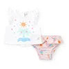 Conjunto de baño para niña con camiseta blanca de palmera y braguita rosa con volantes