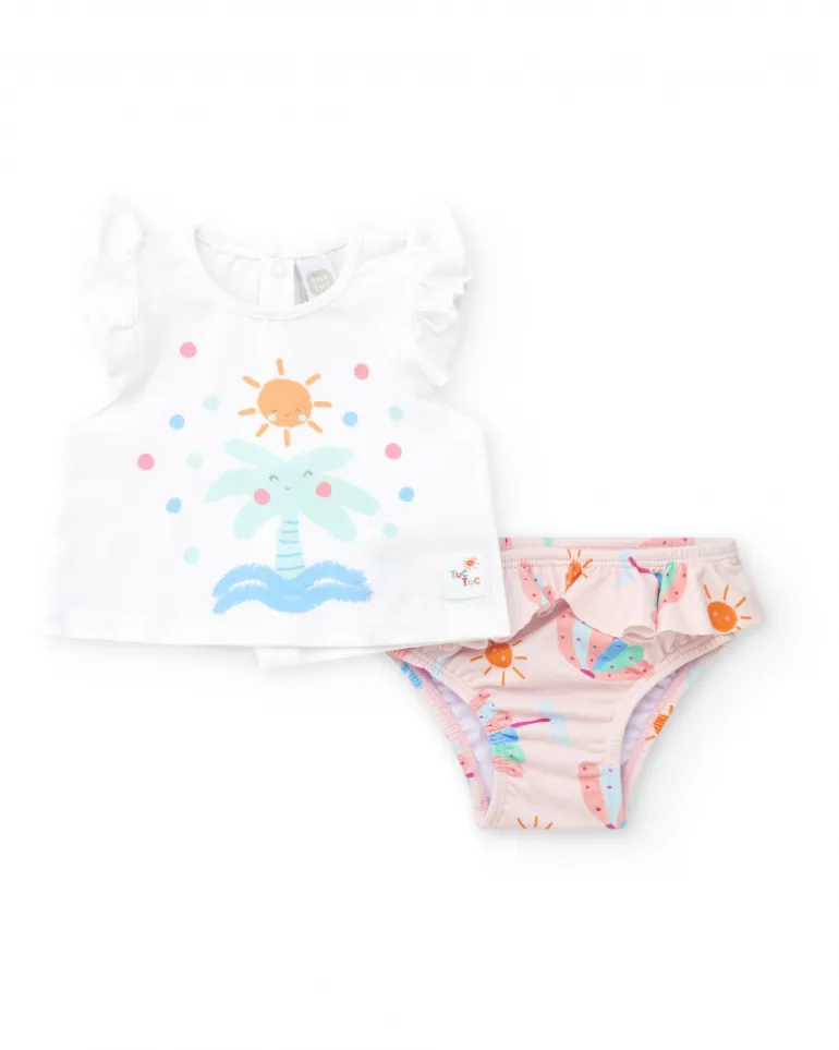 Conjunto de baño para niña con camiseta blanca de palmera y braguita rosa con volantes
