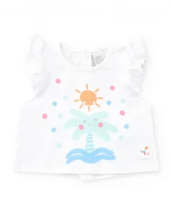Conjunto de baño para niña con camiseta blanca de palmera y braguita rosa con volantes