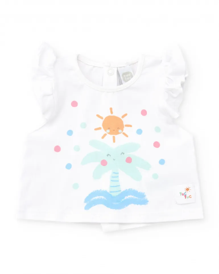 Conjunto de baño para niña con camiseta blanca de palmera y braguita rosa con volantes