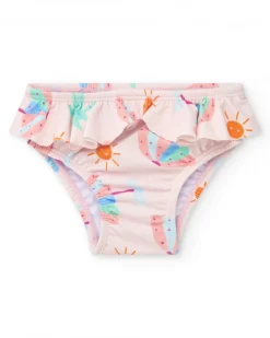 Conjunto de baño para niña con camiseta blanca de palmera y braguita rosa con volantes