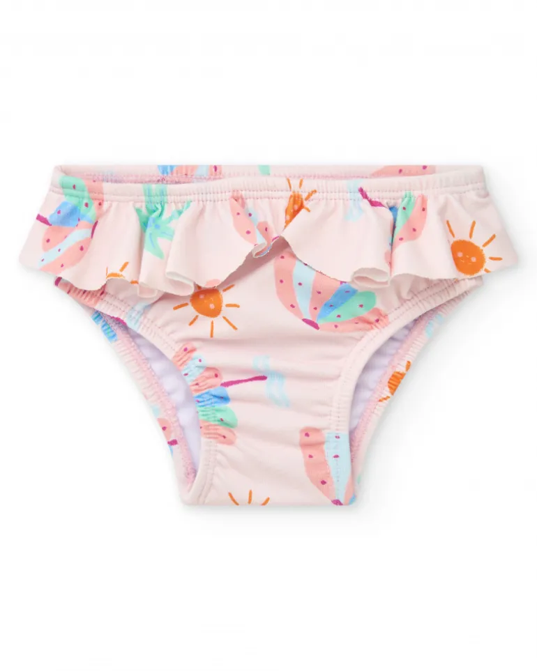 Conjunto de baño para niña con camiseta blanca de palmera y braguita rosa con volantes