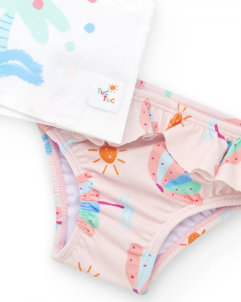 Conjunto de baño para niña con camiseta blanca de palmera y braguita rosa con volantes