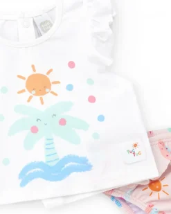 Conjunto de baño para niña con camiseta blanca de palmera y braguita rosa con volantes