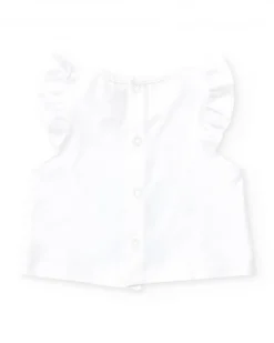Conjunto de baño para niña con camiseta blanca de palmera y braguita rosa con volantes