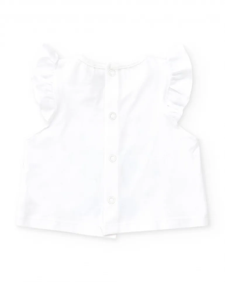Conjunto de baño para niña con camiseta blanca de palmera y braguita rosa con volantes