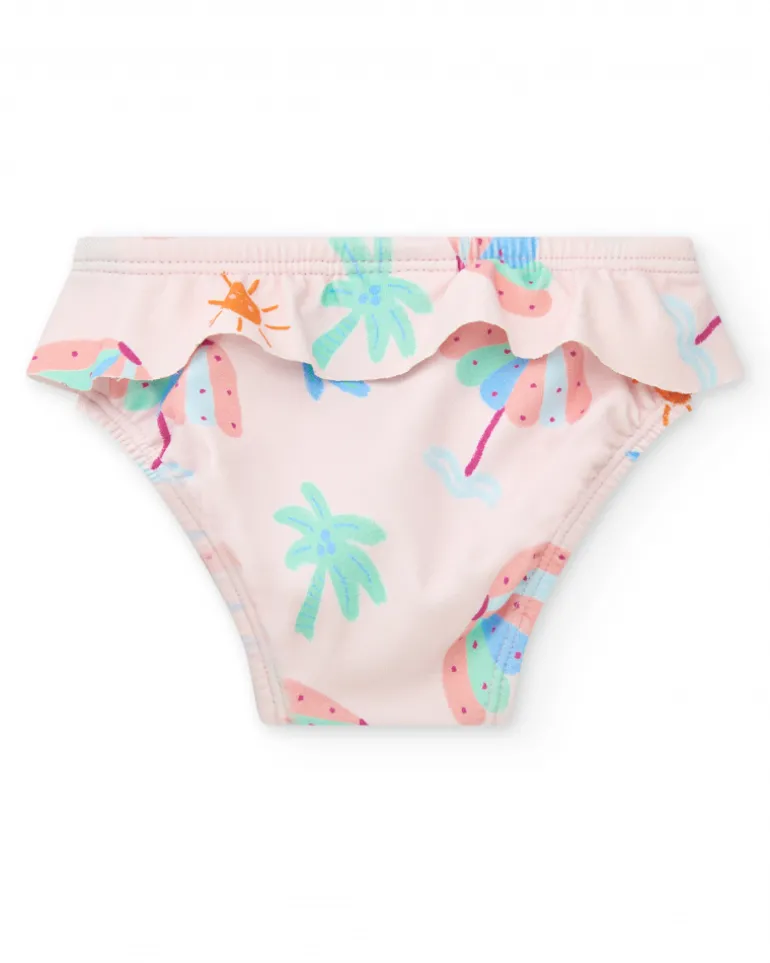 Conjunto de baño para niña con camiseta blanca de palmera y braguita rosa con volantes
