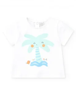Conjunto de baño para niño con camiseta blanca de palmera y pantalón azul de estampado tropical