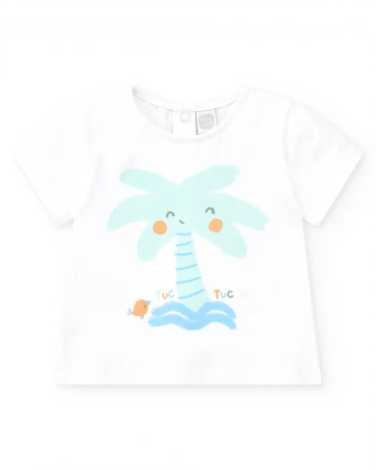 Conjunto de baño para niño con camiseta blanca de palmera y pantalón azul de estampado tropical