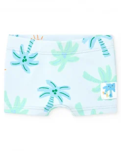 Conjunto de baño para niño con camiseta blanca de palmera y pantalón azul de estampado tropical