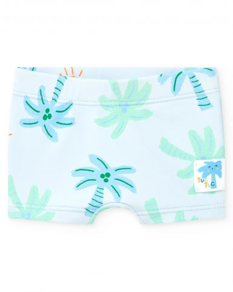 Conjunto de baño para niño con camiseta blanca de palmera y pantalón azul de estampado tropical