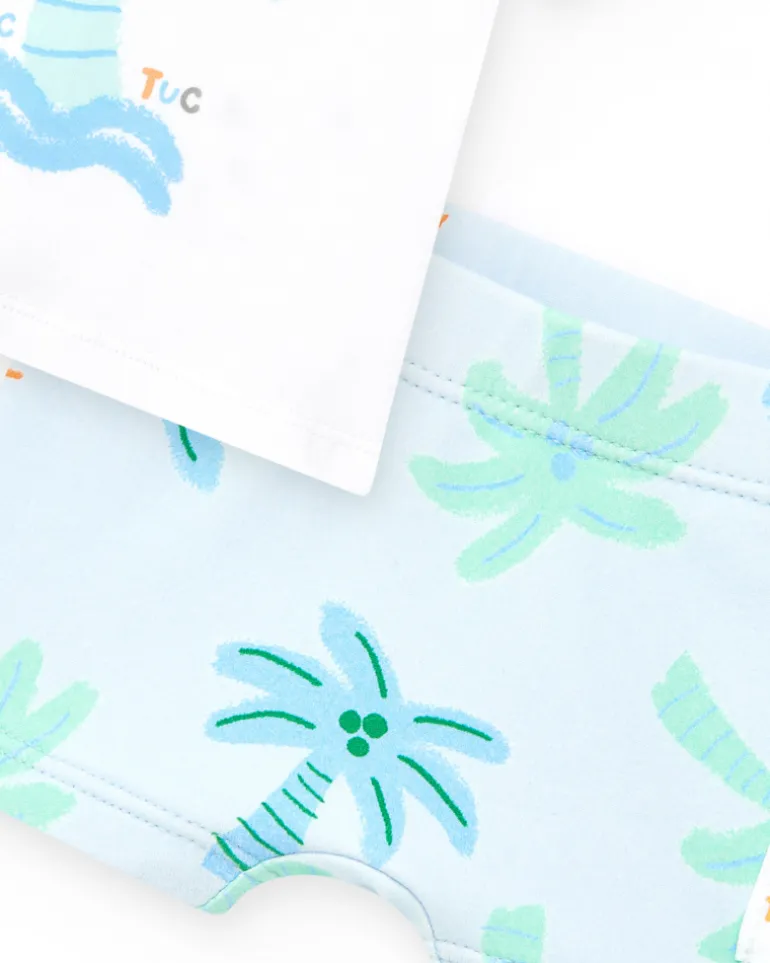 Conjunto de baño para niño con camiseta blanca de palmera y pantalón azul de estampado tropical
