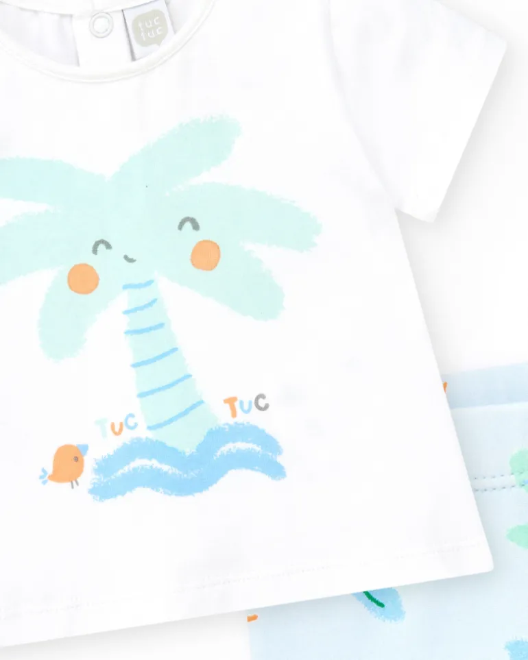 Conjunto de baño para niño con camiseta blanca de palmera y pantalón azul de estampado tropical