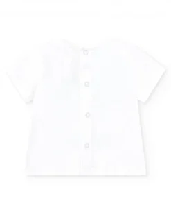 Conjunto de baño para niño con camiseta blanca de palmera y pantalón azul de estampado tropical