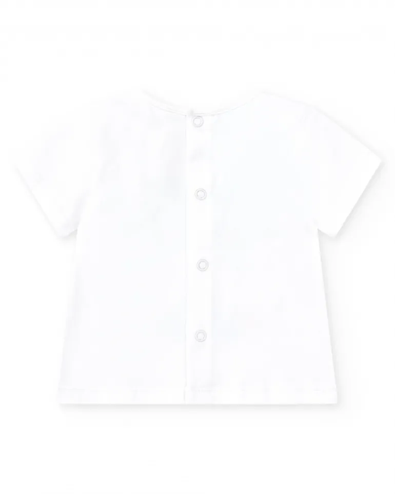Conjunto de baño para niño con camiseta blanca de palmera y pantalón azul de estampado tropical