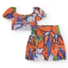Conjunto de camisa corta y falda para niña en naranja y azul con estampado floral