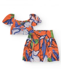 Conjunto de camisa corta y falda para niña en naranja y azul con estampado floral
