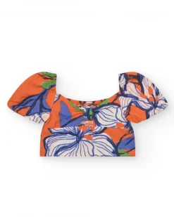 Conjunto de camisa corta y falda para niña en naranja y azul con estampado floral