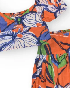 Conjunto de camisa corta y falda para niña en naranja y azul con estampado floral