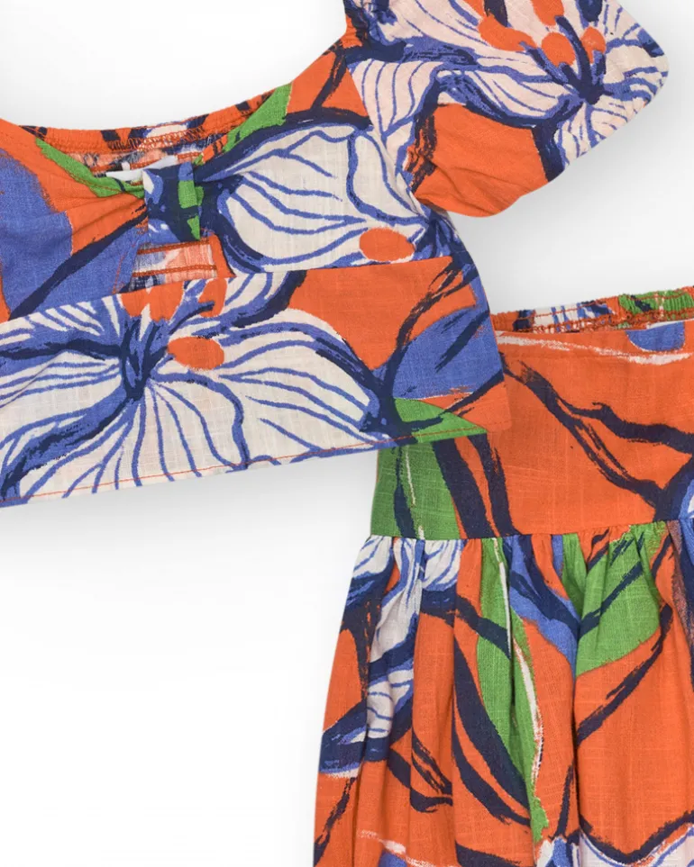 Conjunto de camisa corta y falda para niña en naranja y azul con estampado floral