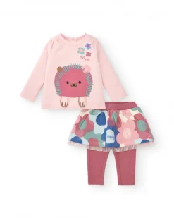 Conjunto de camiseta y falda con leggings para niña en rosa con estampado de erizo y flores