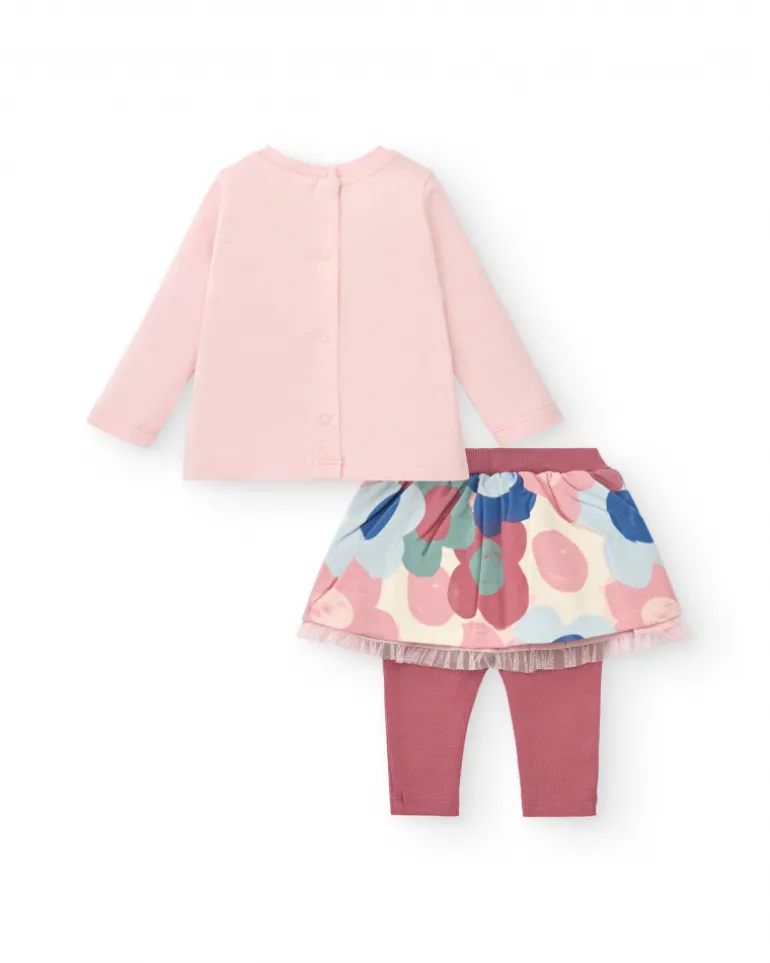 Conjunto de camiseta y falda con leggings para niña en rosa con estampado de erizo y flores