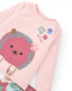Conjunto de camiseta y falda con leggings para niña en rosa con estampado de erizo y flores