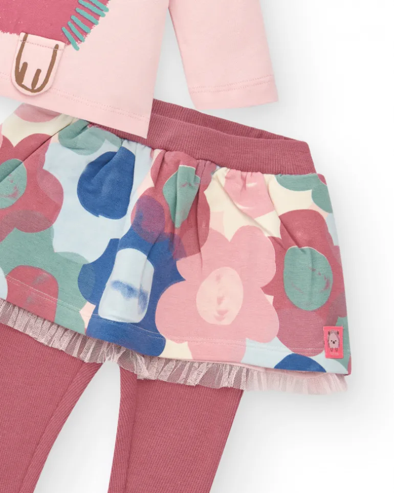 Conjunto de camiseta y falda con leggings para niña en rosa con estampado de erizo y flores