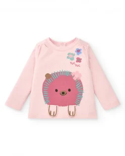 Conjunto de camiseta y falda con leggings para niña en rosa con estampado de erizo y flores