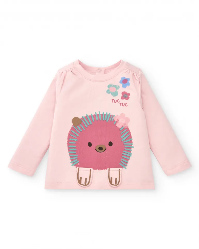 Conjunto de camiseta y falda con leggings para niña en rosa con estampado de erizo y flores