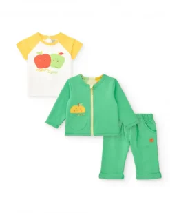 Conjunto de felpa para niño con camiseta de manzanas, pantalón verde y chaqueta con cremallera