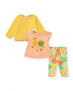 Conjunto de felpa para niña con camiseta de frutas, leggins estampados y chaqueta amarilla