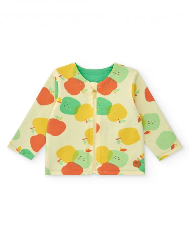 Conjunto de felpa para niño con camiseta de manzanas, pantalón verde y chaqueta con cremallera