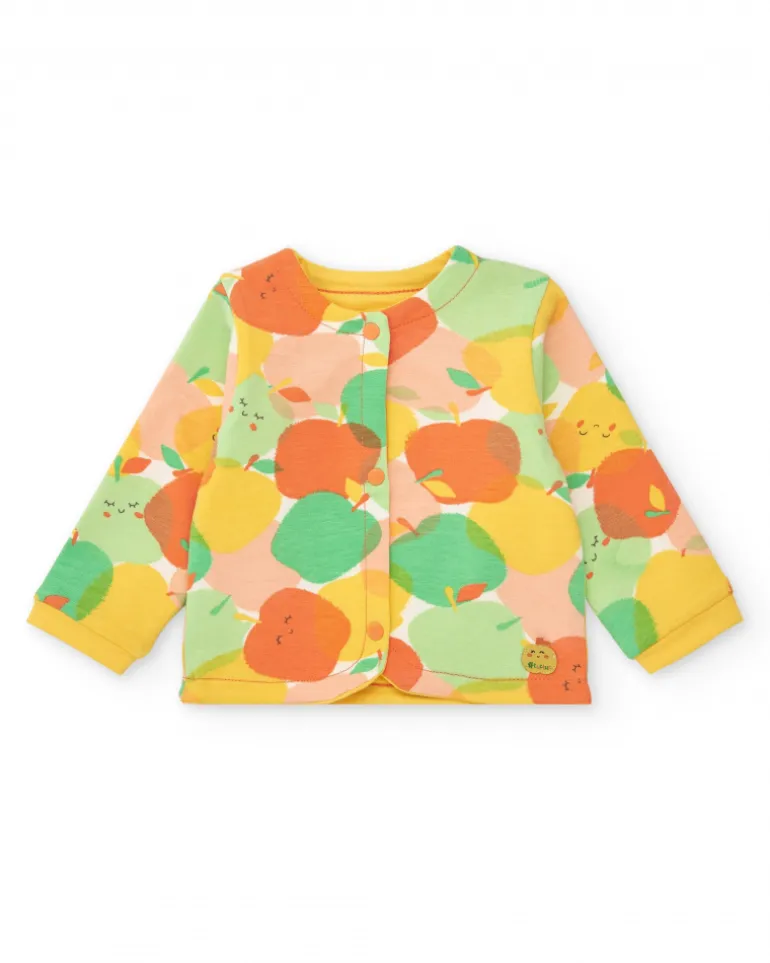 Conjunto de felpa para niña con camiseta de frutas, leggins estampados y chaqueta amarilla