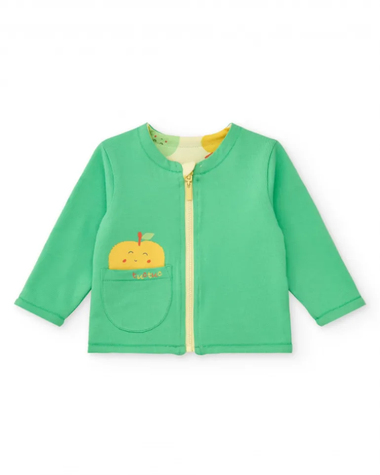 Conjunto de felpa para niño con camiseta de manzanas, pantalón verde y chaqueta con cremallera