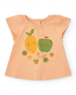 Conjunto de felpa para niña con camiseta de frutas, leggins estampados y chaqueta amarilla