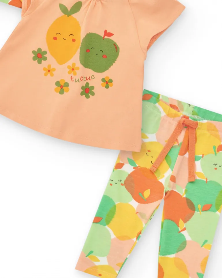 Conjunto de felpa para niña con camiseta de frutas, leggins estampados y chaqueta amarilla